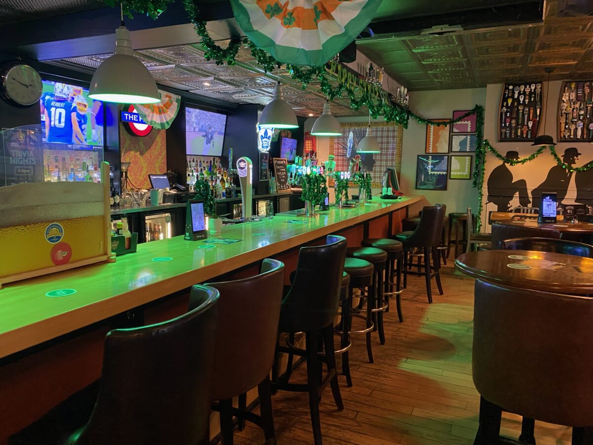 Green bar decorated for St. Patrick's Day